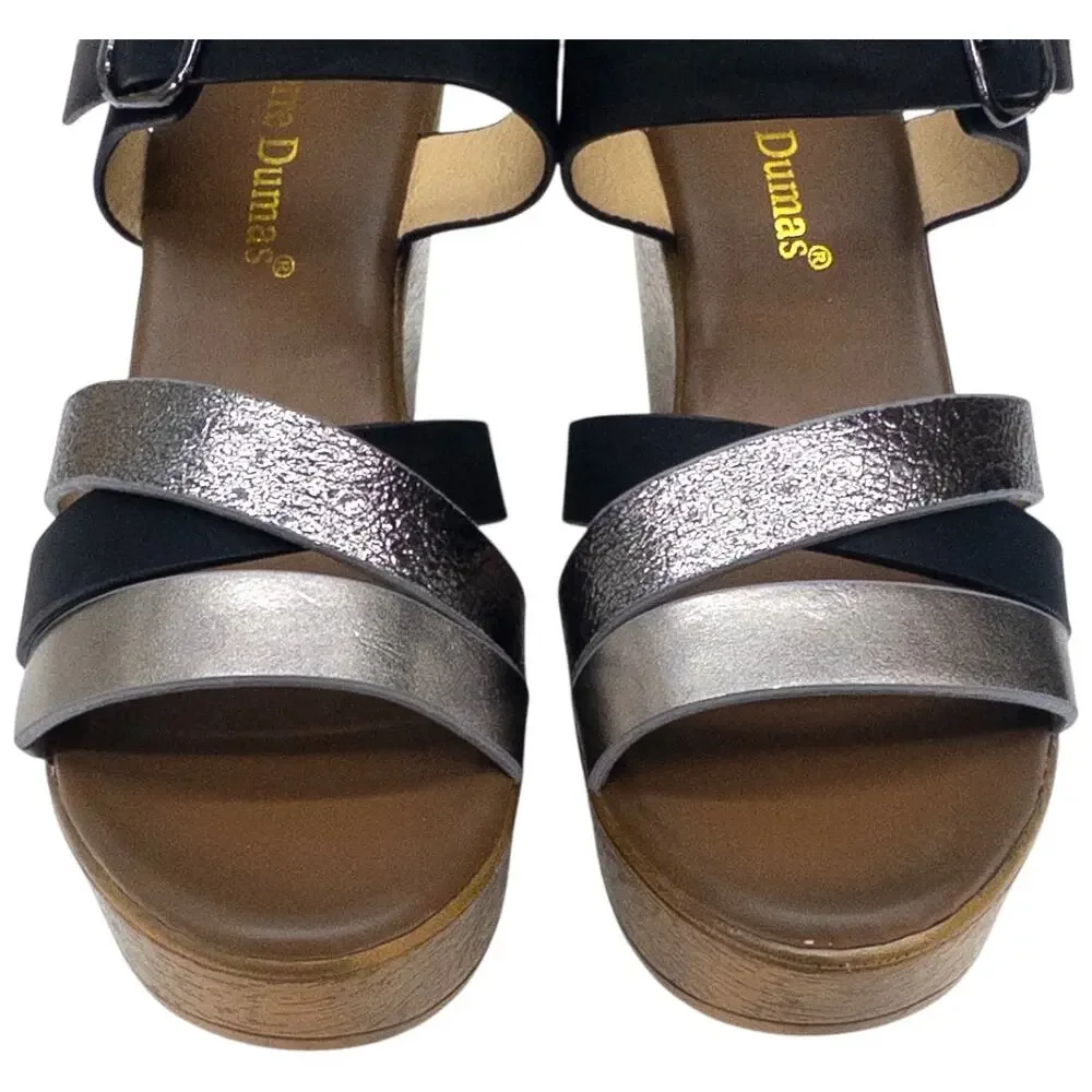 Pierre Dumas High Heel Platform Wedge Strappy Sandals Women's 6  Black Silver